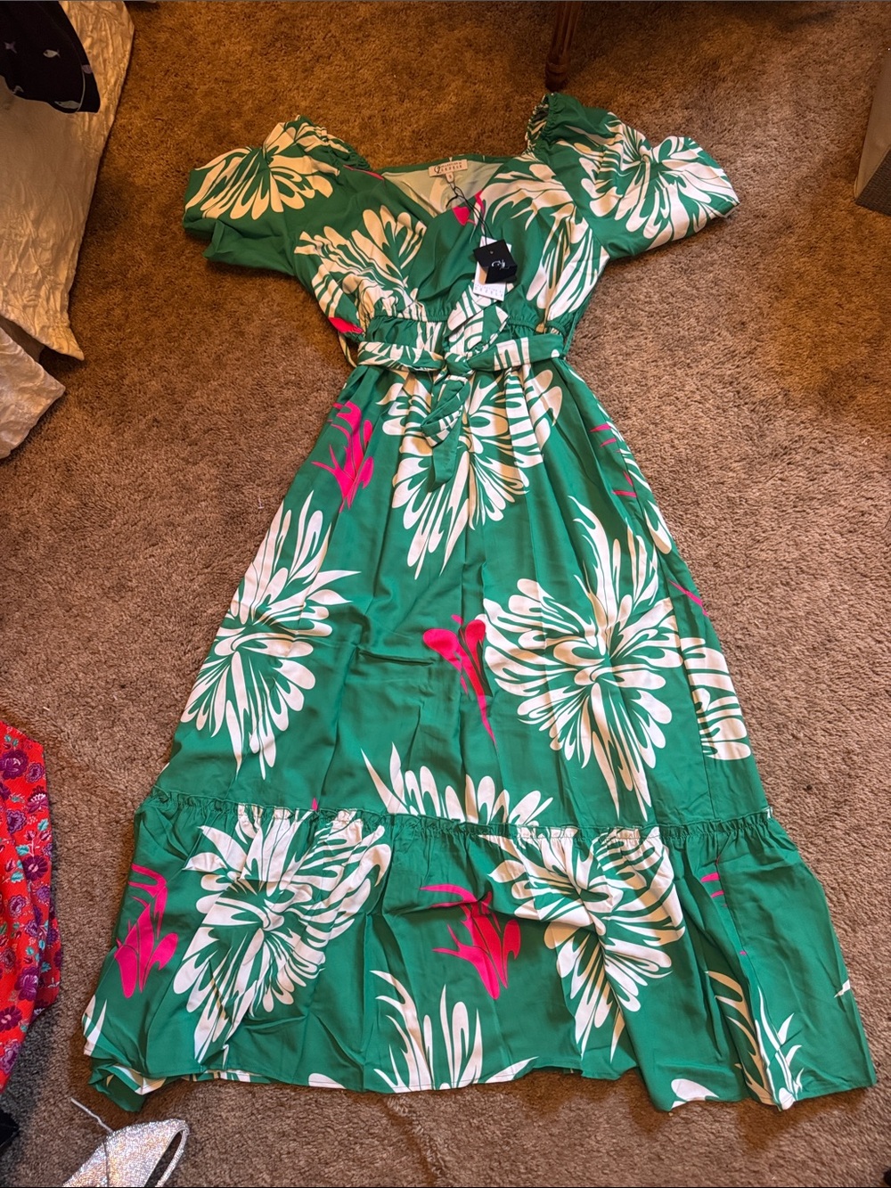 Green Floral Maxi Dress with Puff Sleeves
